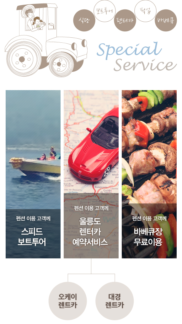 Special Service / 01.숙박 이용고객에게 식당 및 특산물 10%할인 / 02. 독도 배편 이용시 10%할인 / 03. 펜션 이용 고객께 울릉도&독도 배편 예약서비스 / 04. 펜션 이용 고객께 울릉도 렌터카 예약서비스 / 05. 펜션 이용 고객께 픽업서비스 / 06. 펜션 이용 고객께 바베큐장 무료이용